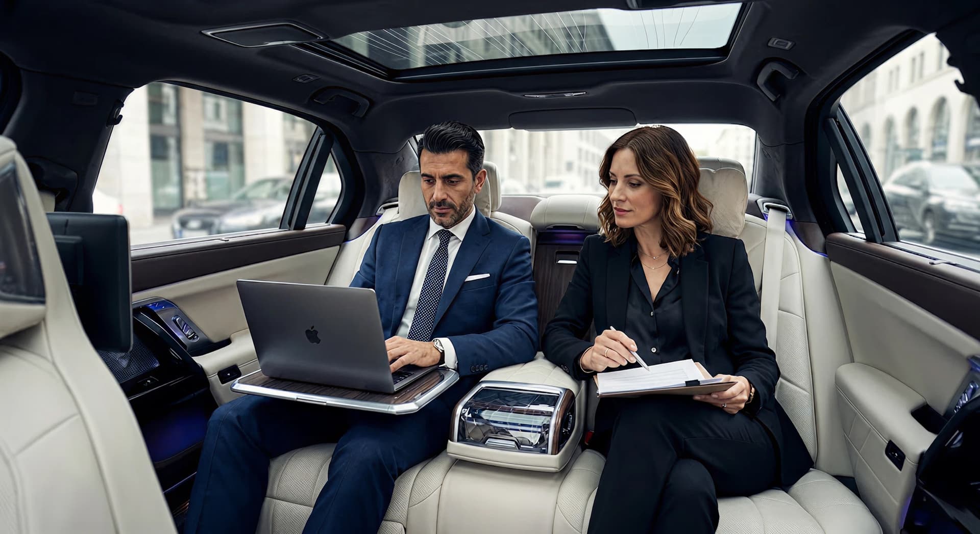 Passagier arbeitet im Celik Taxi BMW 7er